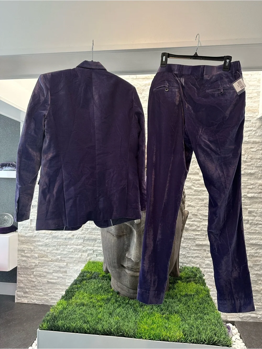 BNWT French Crown Men's Purple Velvet Tuxedo Black Satin jacket 38 pants 32